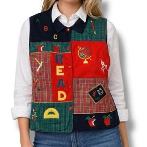 Vintage 90s Patchwork Teacher Vest Red Plaid Apple ABC Button Up Size 14